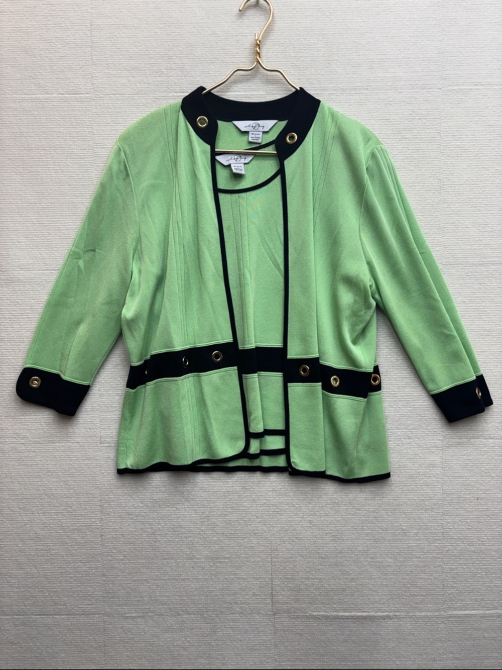 Ming Wang | large Lime Green Open-Front Jacket Black Trim and sleeveless top